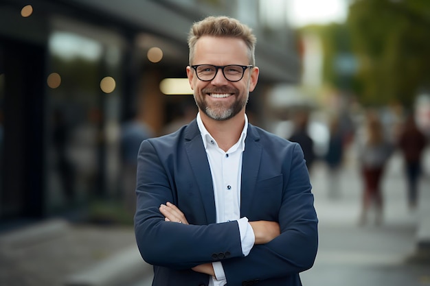 Foto foto van een glimlachende zakenman die buiten poseert met de armen gekruist en kopieerruimte