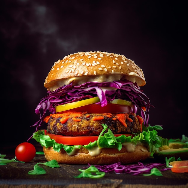 Foto van een gourmetburger met visueel opvallende toppings, salade, tomatenvlees, uiensaus