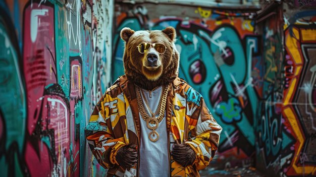 Foto van een grizzlybeer als een hiphop op graffiti straat achtergrond