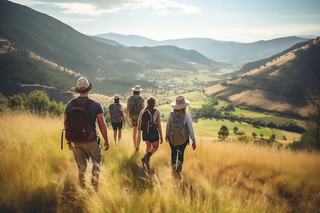 Foto van een groep familie en vrienden die samen wandelen Generatieve Ai