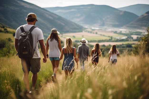 Foto van een groep familie en vrienden die samen wandelen Generatieve Ai