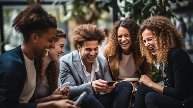 Foto foto van een groep gelukkige vrienden die op hun mobiele telefoon zitten en praten