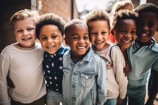 Foto van een groep jonge kinderen die buiten staan en samen plezier hebben gemaakt met generatieve AI