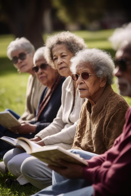 foto van een groep senioren die op het gras zitten tijdens hun poëzie lezing sessie gemaakt met generatieve ai