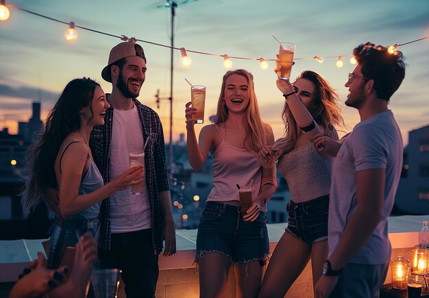 Foto foto van een groep vrienden die rond een tafel met licht zitten te dansen en lachen