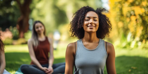 Foto van een groep vrienden die yoga doen in een tuin