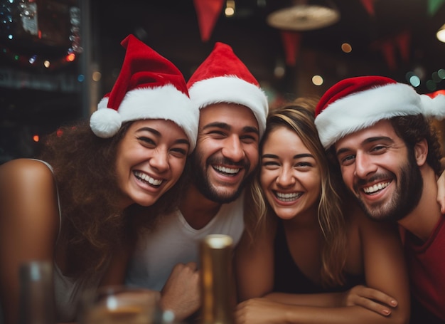 Foto foto van een groep vrienden met de hoed van de kerstman hoogwaardige foto