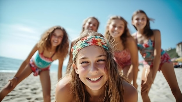 Foto van een groepje vriendinnen op het strand