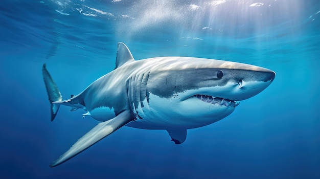 Foto van een Grote Haai die in blauw water zijaanzicht zwemt