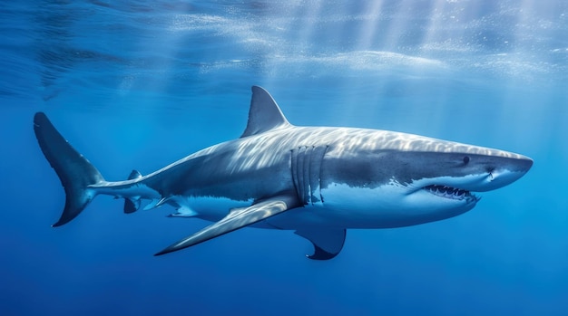 Foto van een Grote Haai die in blauw water zijaanzicht zwemt