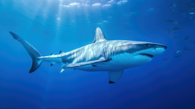 Foto van een Grote Haai die in blauw water zijaanzicht zwemt