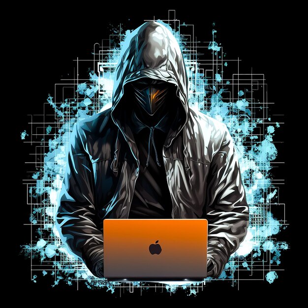 Foto van een hacker met een laptop gegenereerd door AI