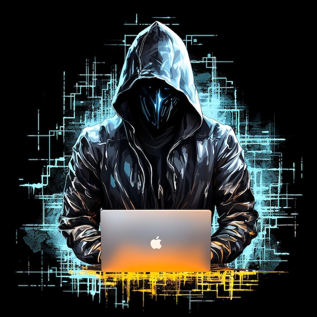 Foto van een hacker met een laptop gegenereerd door AI