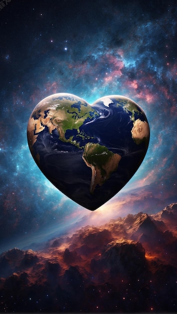 Foto van een hartvormige planeet aarde die in de ruimte zweeft met een nevel op de achtergrond