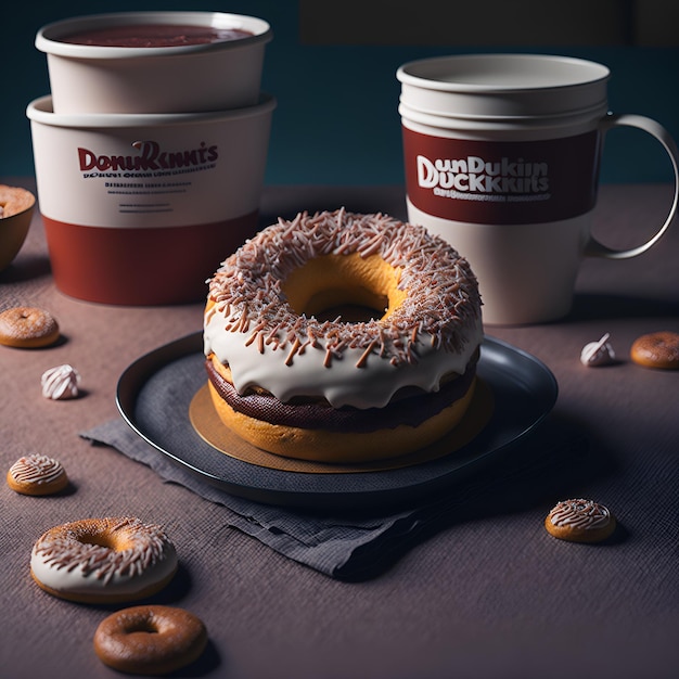 Foto van een heerlijke donut met een kop warme koffie op een bord gemaakt door AI