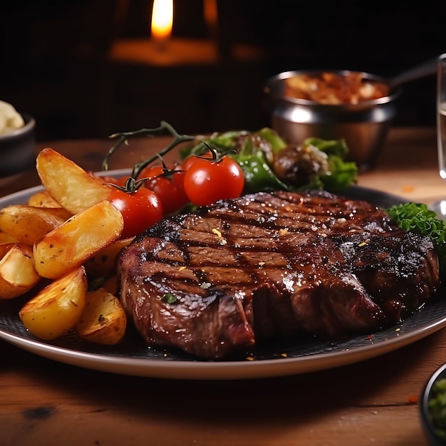 foto van een heerlijke medium steak met friet en gegrilde groenten de steak is perfect medium en