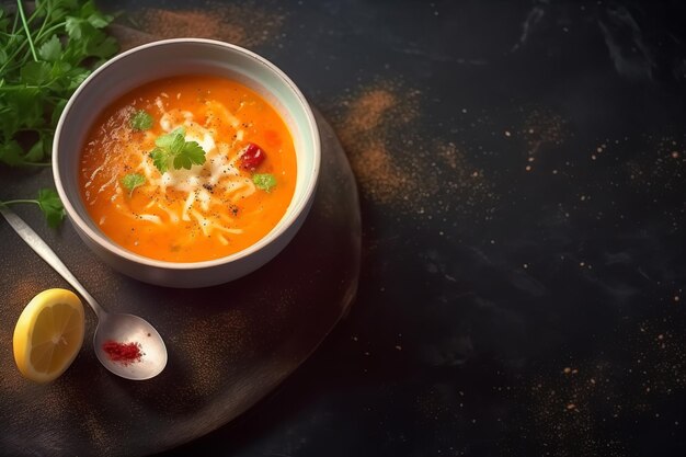 Foto foto van een heerlijke soep in een witte plaat op een donker oppervlak