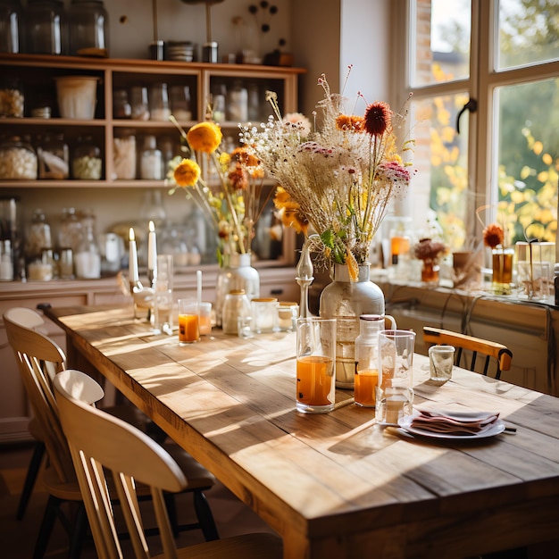 foto van een herfst ingerichte keukentafel modern woondecor herfstkleuren interieur