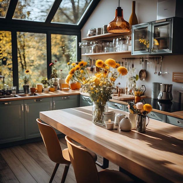 foto van een herfst ingerichte keukentafel modern woondecor herfstkleuren interieur