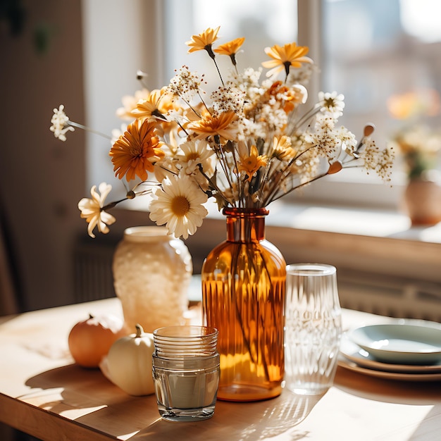 foto van een herfst ingerichte keukentafel modern woondecor herfstkleuren interieur