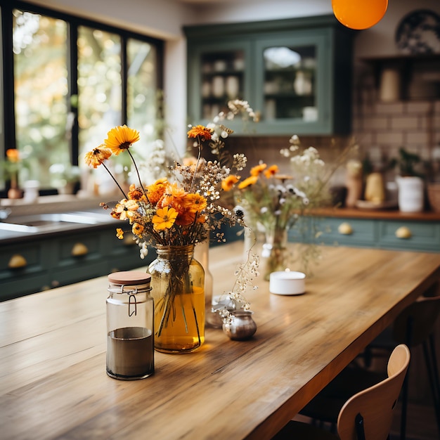 foto van een herfst ingerichte keukentafel modern woondecor herfstkleuren interieur