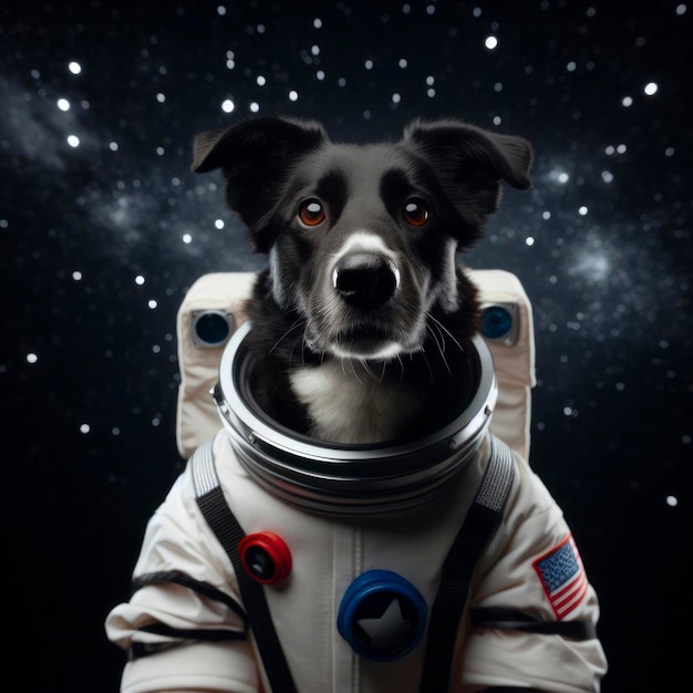Foto foto van een hond gekleed in een astronautenpak zwarte nachtsterren blauwe achtergrond ai generatief