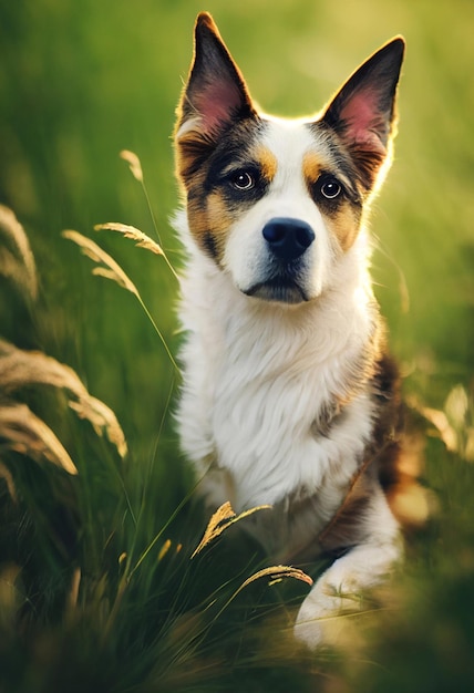 Foto van een hond in de natuur in de hoge grashond die op het gras ligt en naar de camera kijkt