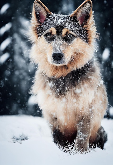 Foto van een hond in de natuur in het sneeuwbos die naar de camera kijkt Zachte vacht glamour stijl foto