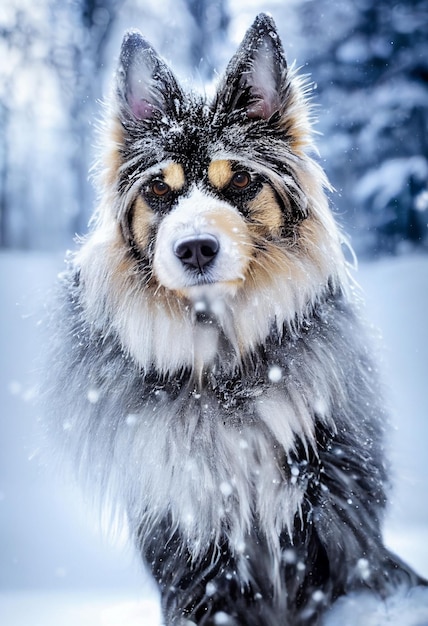 Foto van een hond in de natuur in het sneeuwbos die naar de camera kijkt Zachte vacht glamour stijl foto