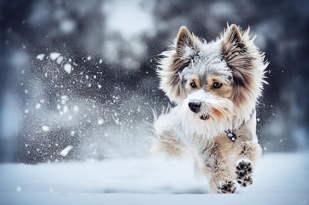 Foto van een hond in de natuur in het sneeuwbos die naar de camera kijkt Zachte vacht glamour stijl foto