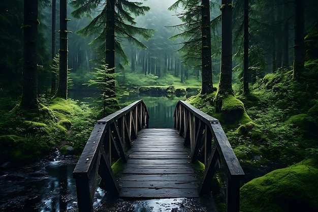 Foto van een houten brug over een bosstroom