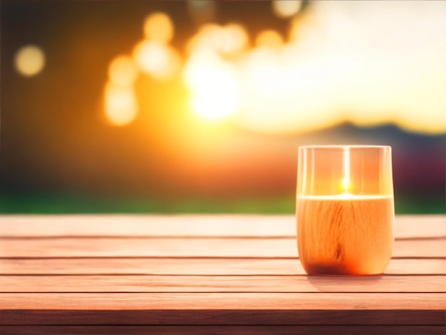 Foto van een houten tafel met een glazen zonsopgang op de achtergrond