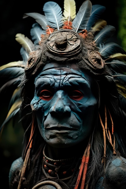foto van een indiaan die inheemse kostuums en schilderijen draagt