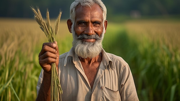 foto van een Indiaanse boer van middelbare leeftijd die de oogst van de rijpe rijst gegenereerd door AI oogst