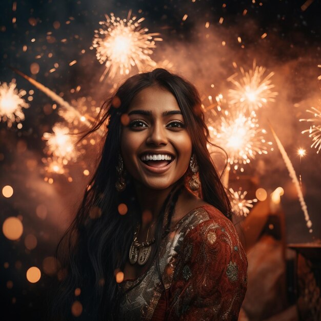 foto van een Indiase vrouw die glimlacht voor vuurwerk