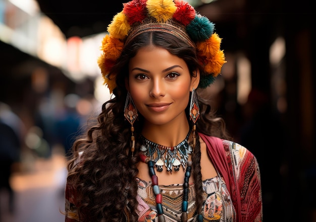 foto van een Indiase vrouw die inheemse kostuums en schilderijen draagt