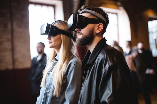 Foto van een jong echtpaar met een virtual reality headset op een evenement