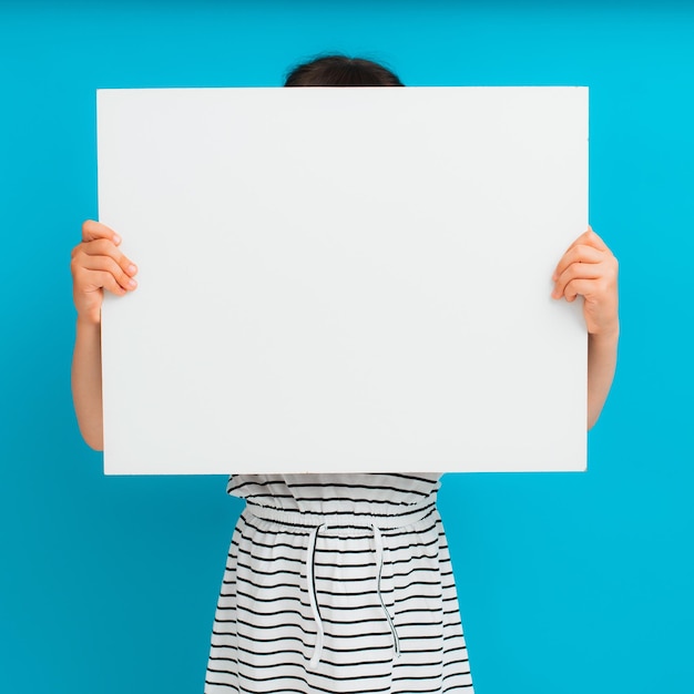 Foto van een jong gelukkig lachend klein meisje kind kind staat achter witte muur geïsoleerd op gele kleur achtergrond