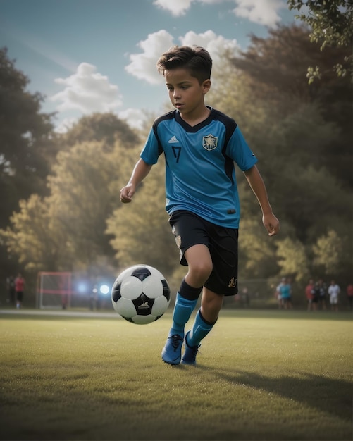 Foto van een jong kind dat voetbal speelt in het park