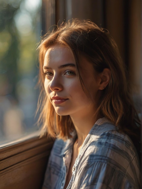 foto van een jonge artistieke vrouw die bij het raam zit