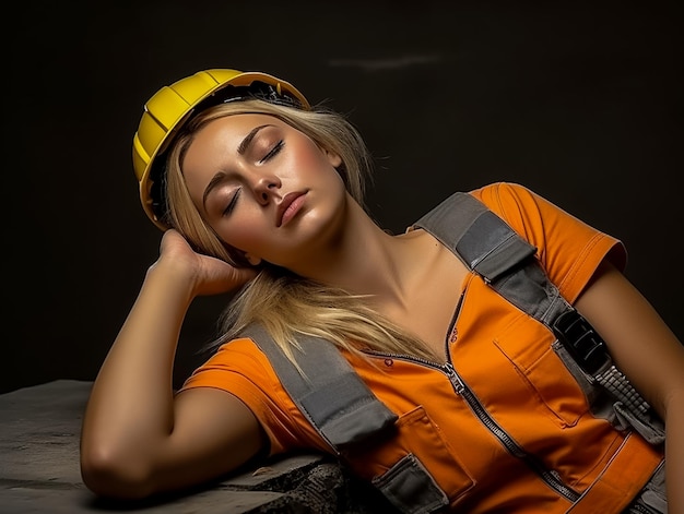 Foto van een jonge Aziatische ingenieursvrouw die lacht in een oranje vest, fabrieksarbeider AI Generated