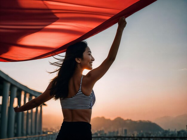 foto van een jonge Aziatische vrouw met een rode vlag die in de wind zwaait generatieve AI