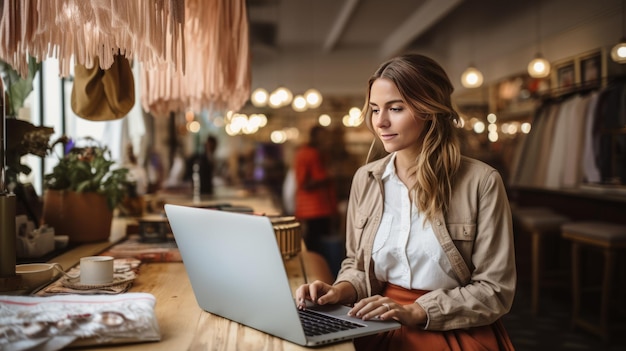 foto van een jonge eigenaar van een kledingwinkel die een laptop gebruikt in haar winkel