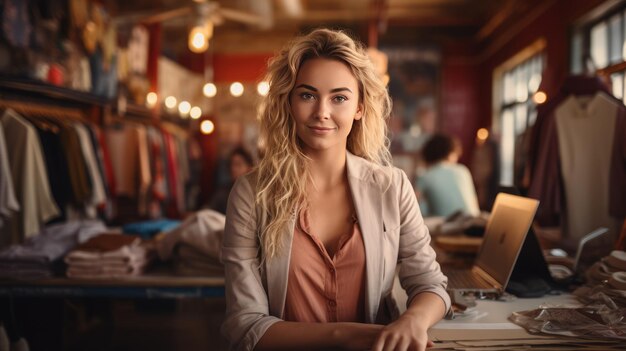 foto van een jonge eigenaar van een kledingwinkel die een laptop gebruikt in haar winkel