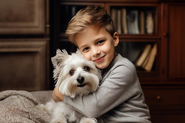 Foto foto van een jonge gelukkige jongen die een hond knuffelt hoogwaardige foto