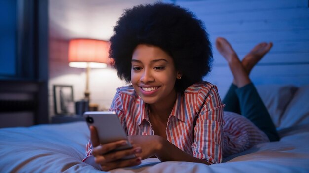 Foto van een jonge glimlachende Afrikaanse vrouw die's nachts een videogesprek heeft terwijl ze op een bed in haar bedroo ligt