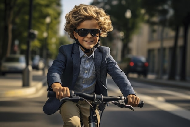 Foto van een jonge jongen die op een fiets rijdt