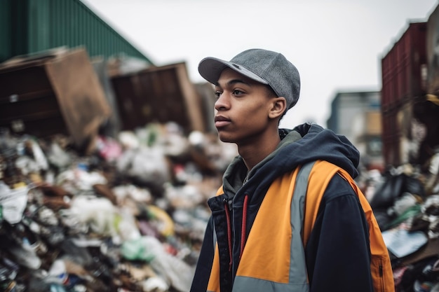 Foto van een jonge man die rondloopt in zijn recyclingfaciliteit.