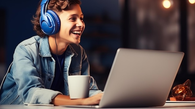 Foto van een jonge man, vrouw, meisje, vrouwelijke student die met een laptop werkt.