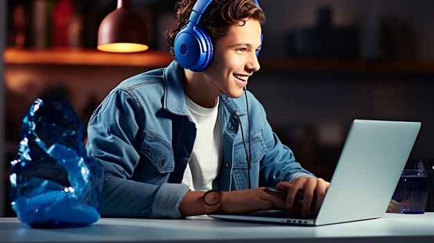 Foto van een jonge man, vrouw, meisje, vrouwelijke student die met een laptop werkt.